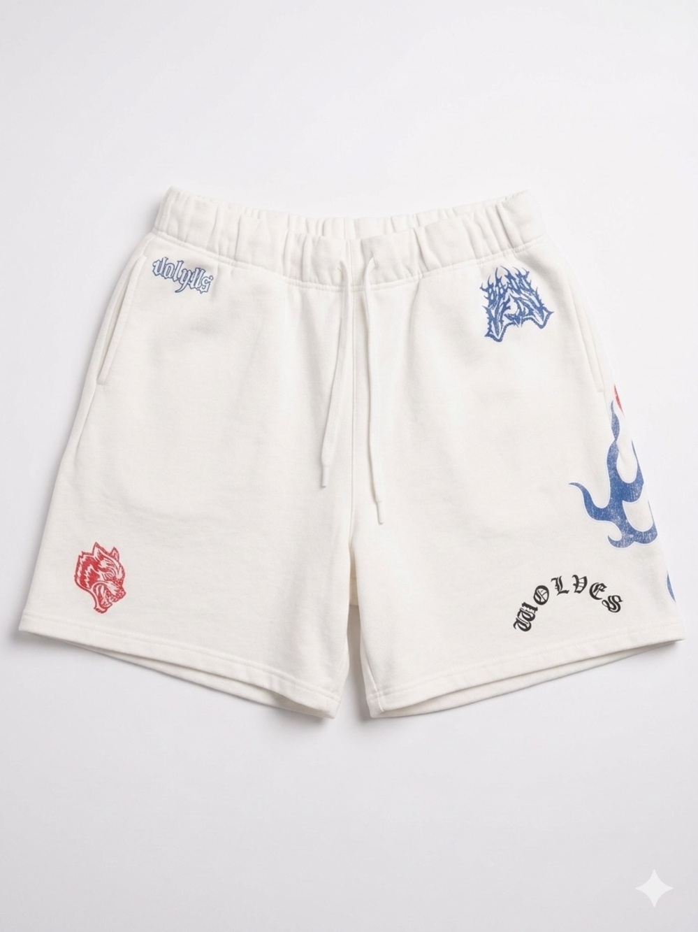 Darc Sport, Limited Edition White Graphic Flame & Wolf Patch Shorts